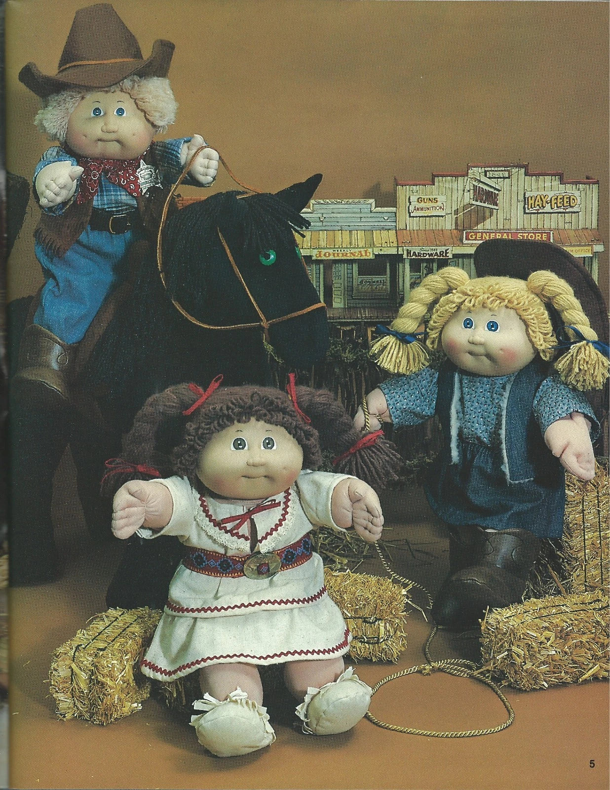 Three dolls in cowboy and cowgirl attire with a horse on a brown background