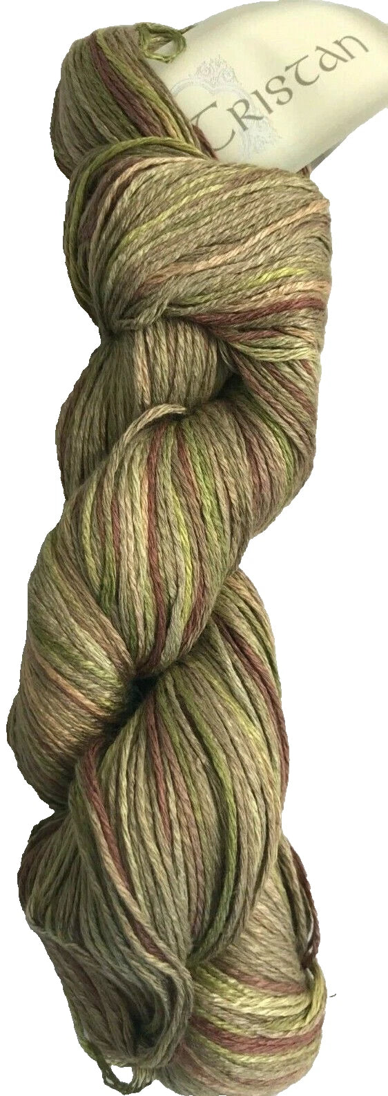 Skein of green yarn with a branded label on a white background