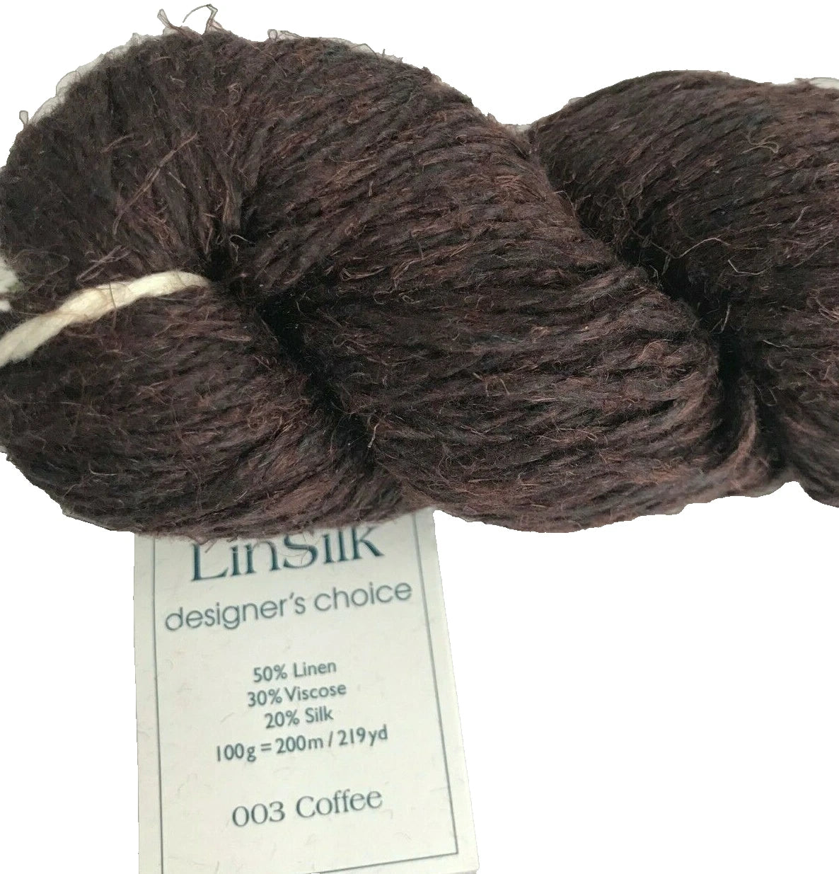Brown yarn skein with a LinSilk label on a white background