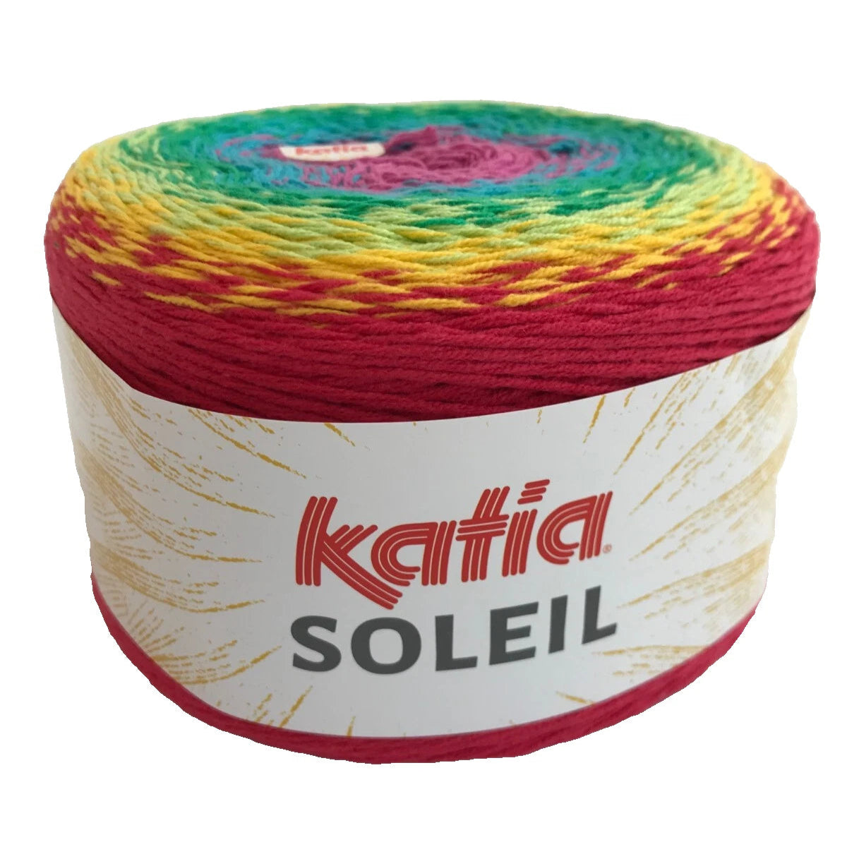 Spool of Katia Soleil yarn with multicolor pattern on a white background