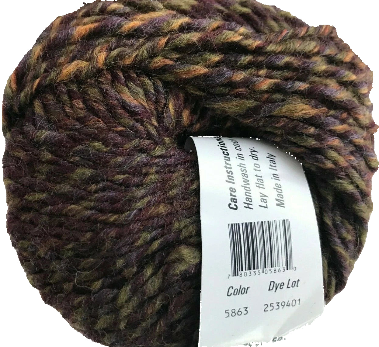 Ball of yarn with a label showing care instructions and product details.
