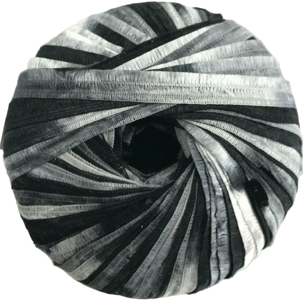 Black and gray striped yarn ball on a white background