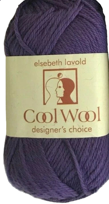 Purple yarn ball with 'elsebeth lavold Cool Wool' label on a white background