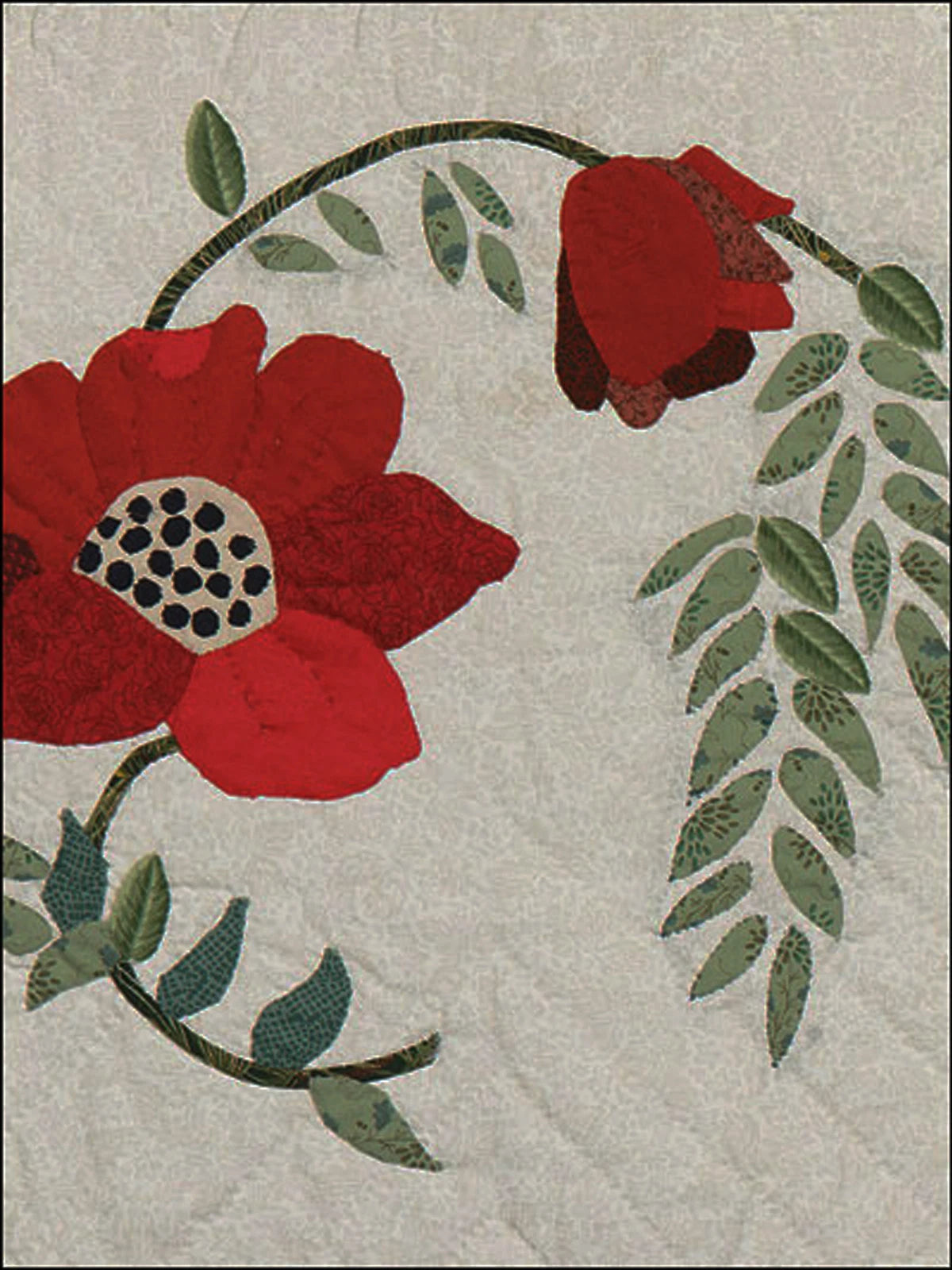 Floral design with red flowers and green leaves on a textured beige background