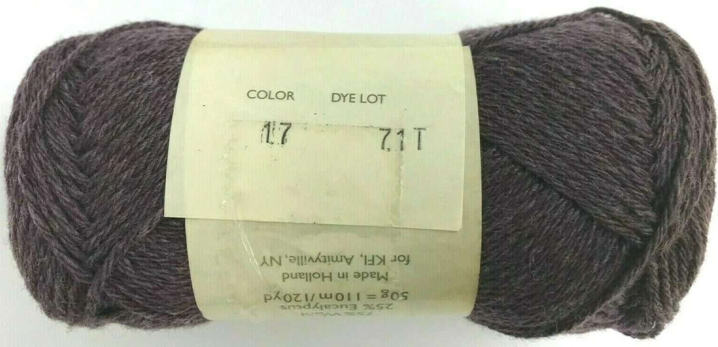 Ball of dark yarn with a label on a white background