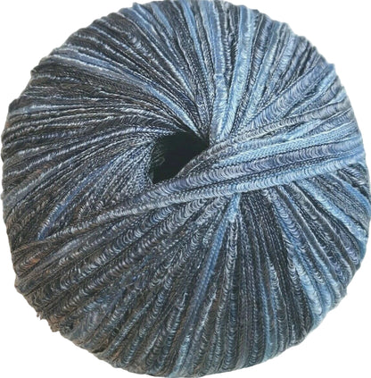 Ball of blue yarn on a white background
