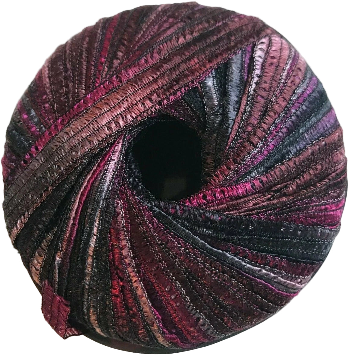 Colorful yarn ball with a textured pattern on a white background
