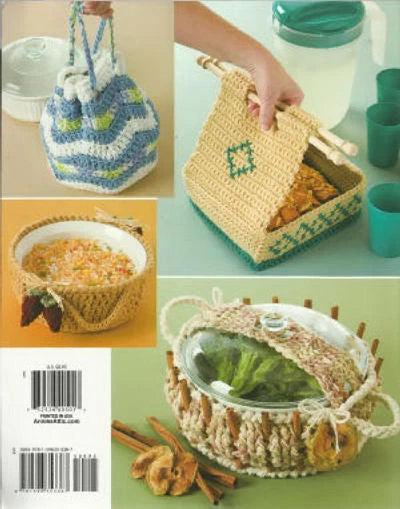 Collection of crocheted baskets and containers with a focus on kitchen items.