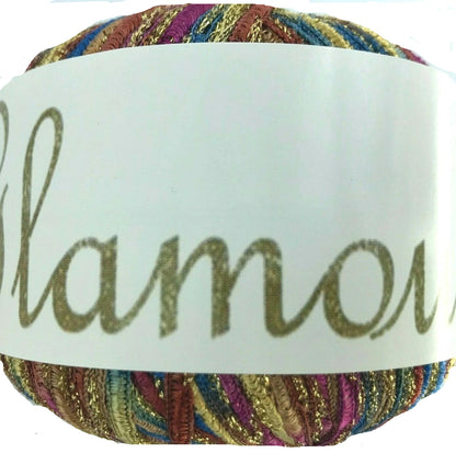 Multicolored yarn ball with a 'flamor' label on a white background