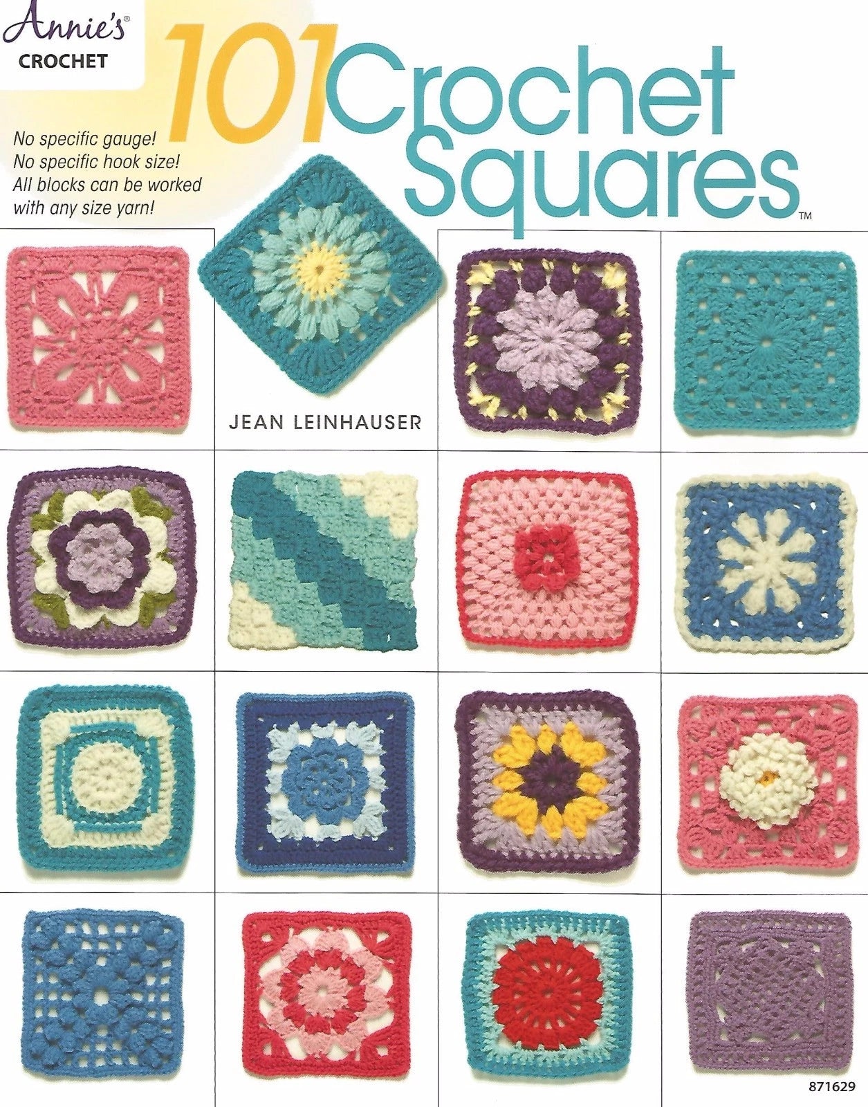 Cover of '101 Crochet Squares' by Jean Leinhauser featuring various colorful crochet squares.