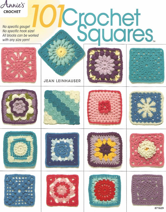 Cover of '101 Crochet Squares' by Jean Leinhauser featuring various colorful crochet squares.