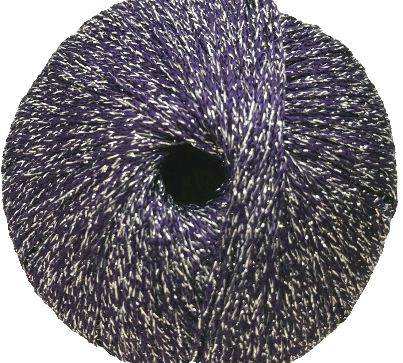 Spool of purple yarn with white speckles on a white background