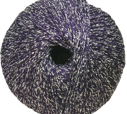 Spool of purple yarn with white speckles on a white background