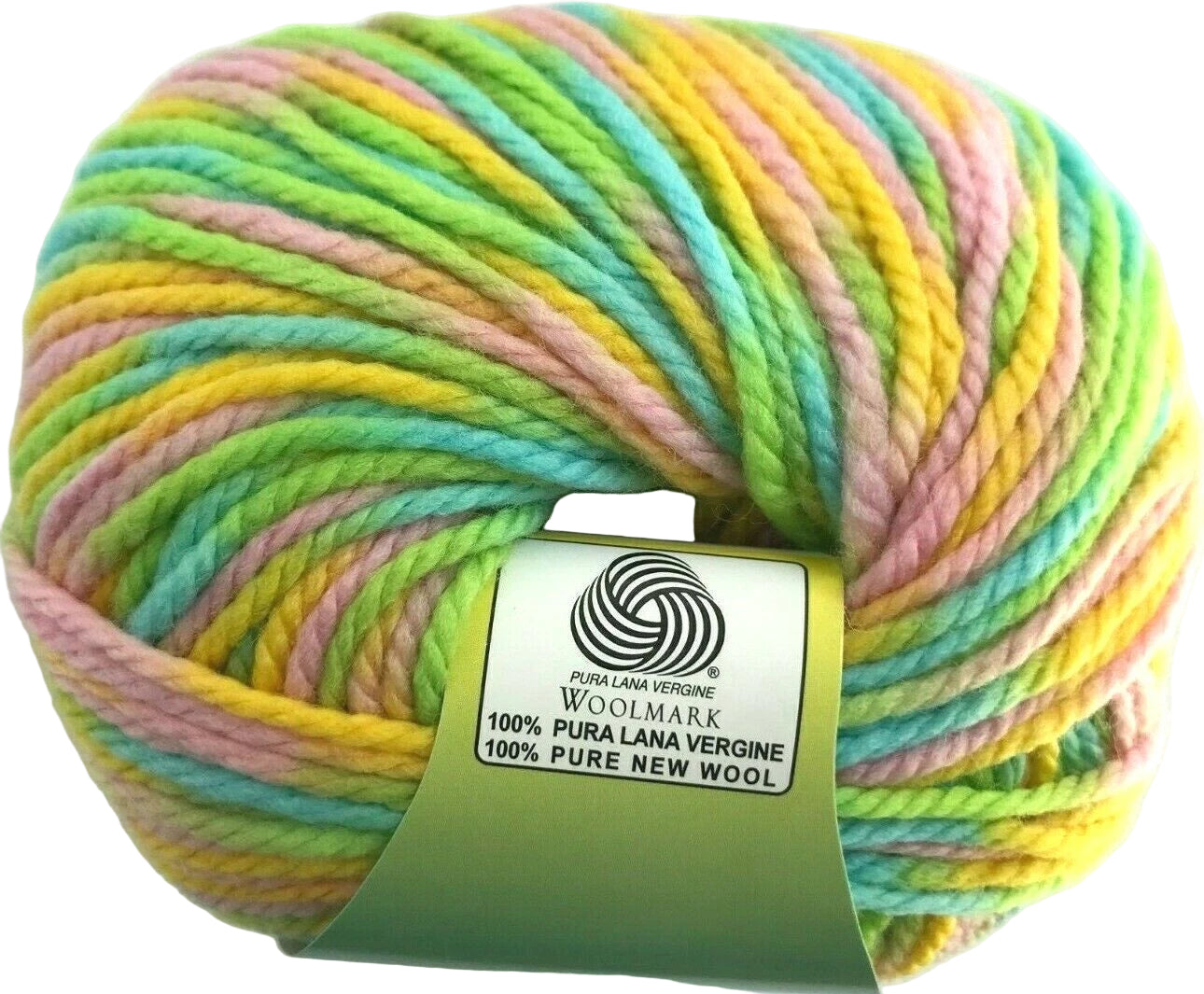 Multicolored yarn ball with a Woolmark label on a white background
