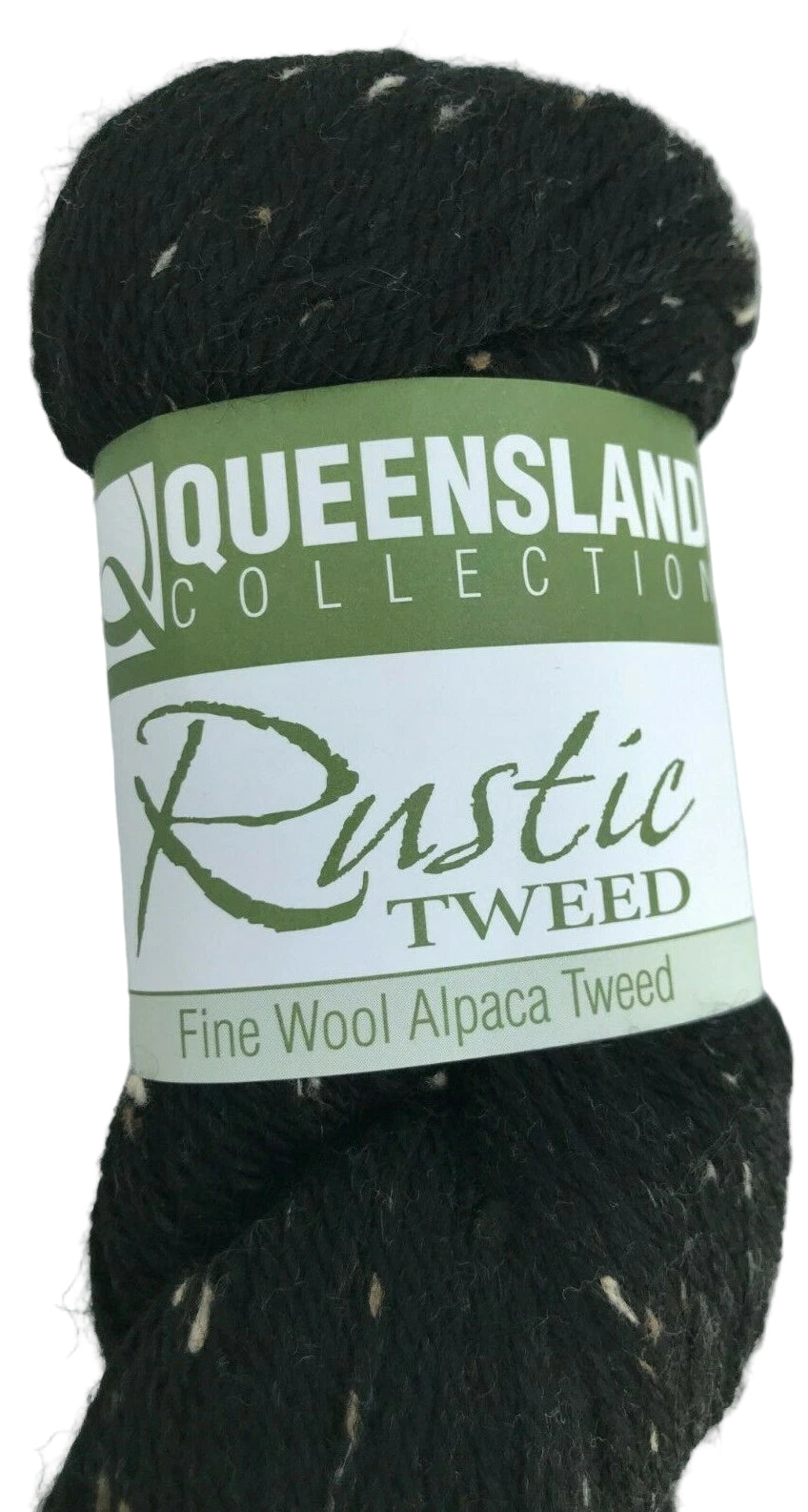Black yarn skein with a green label on a white background
