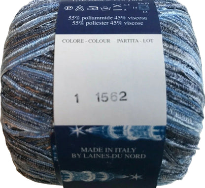 Ball of yarn with a label indicating it is made in Italy by Laines du Nord