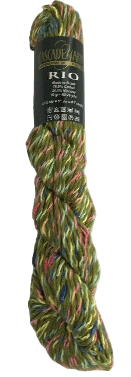 Multicolored yarn skein with a label on a white background