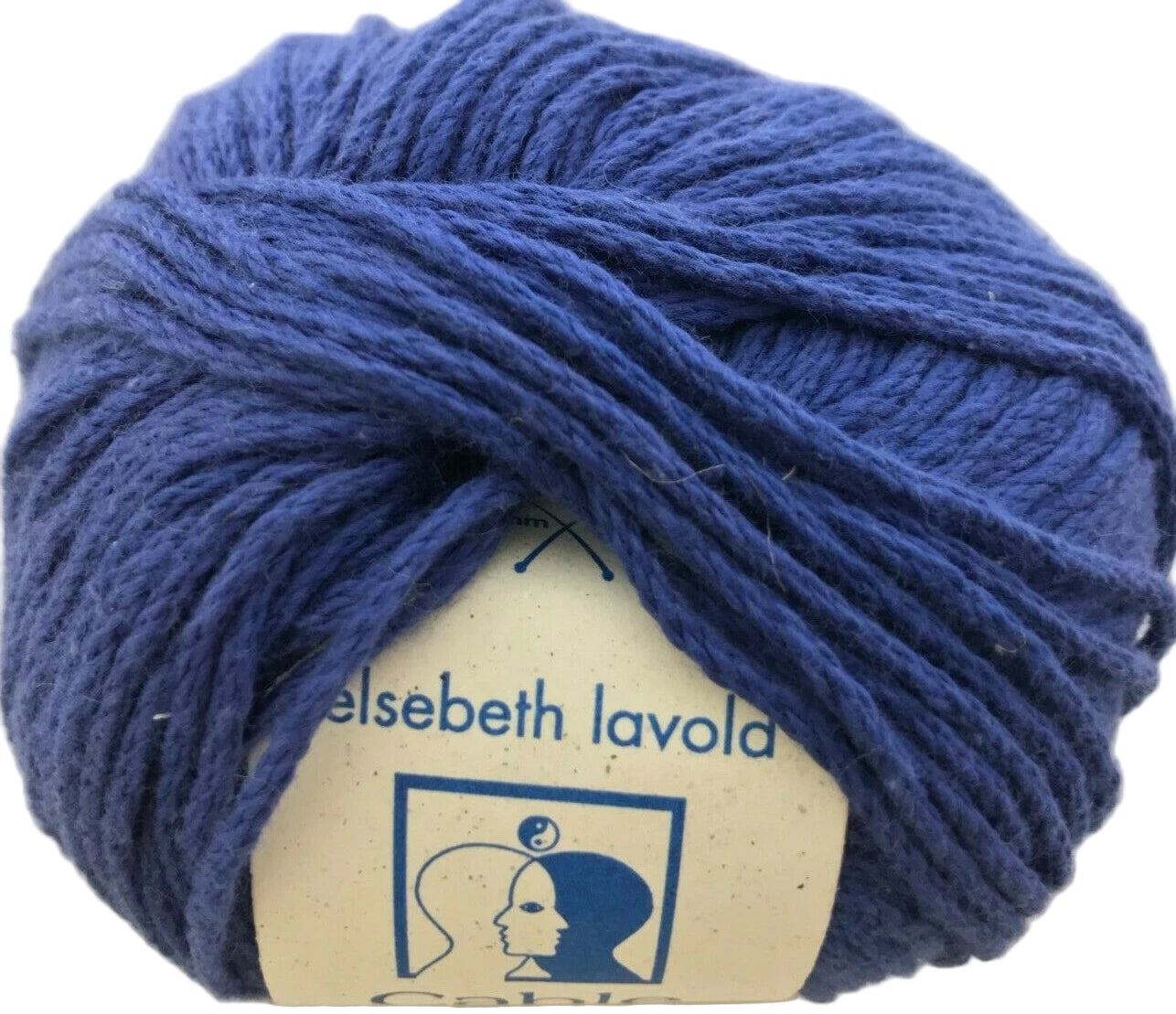 Blue yarn ball with Elsebeth Lavold label on a light background