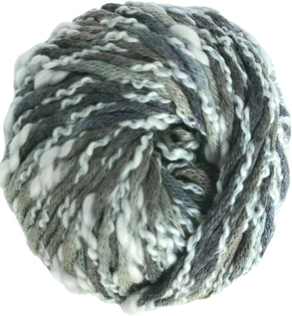 Ball of gray and white yarn on a light background