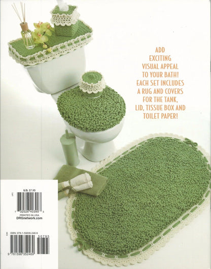 Green bathroom rug set with tank cover, lid cover, and tissue box cover on a white background.