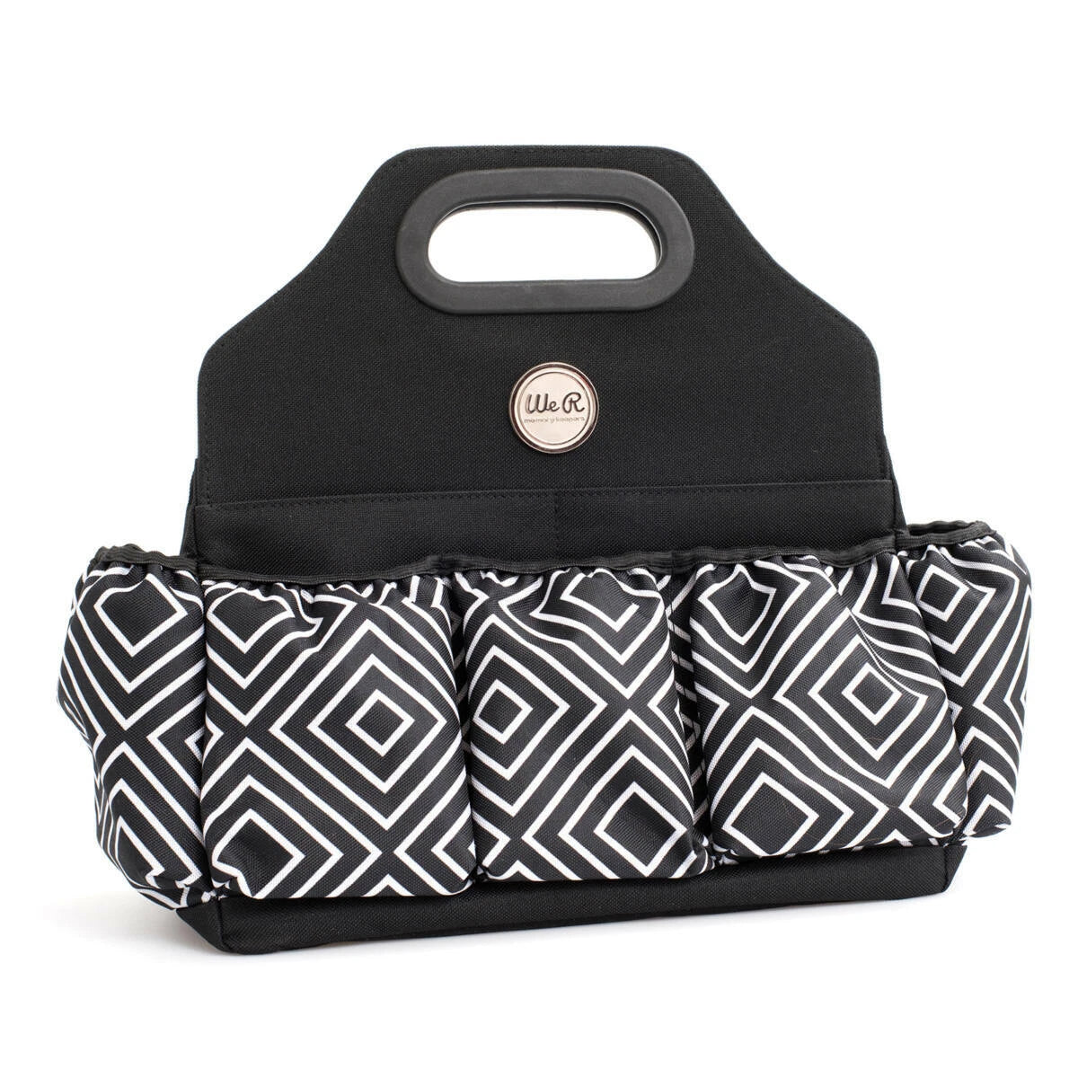 Black and patterned bag with a visible brand logo on a white background