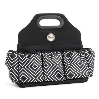 Black and patterned bag with a visible brand logo on a white background