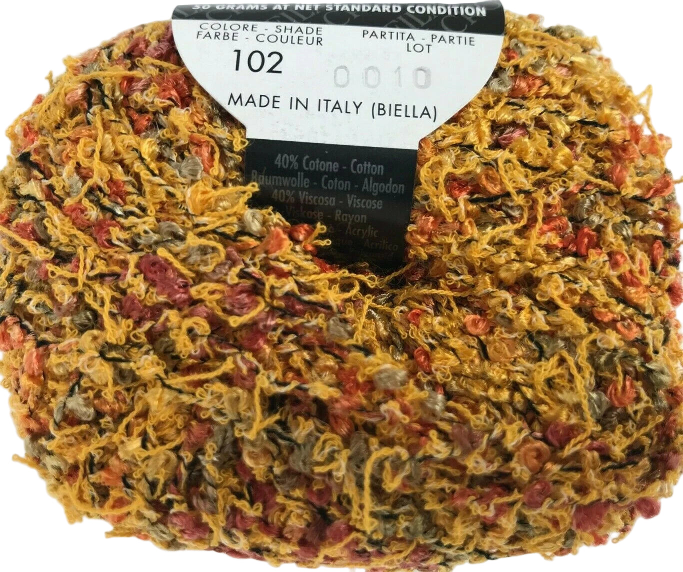 Multicolored yarn skein with a label indicating it is made in Italy.