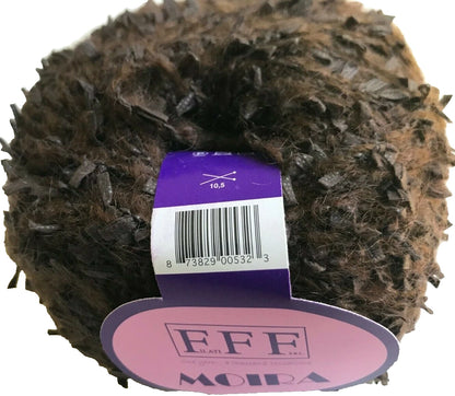 Ball of dark yarn with a label on a white background