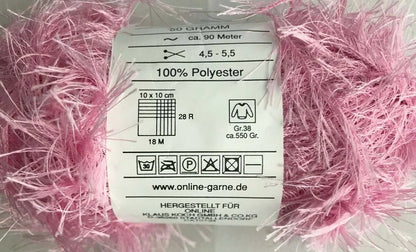 Pink yarn with a label on a white background