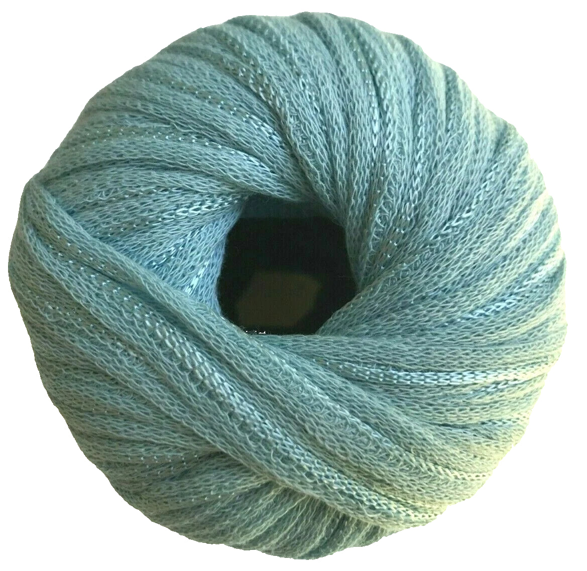 Ball of light blue yarn on a white background