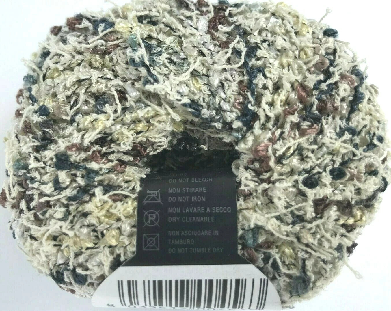 Multicolored yarn ball with a label on a white background