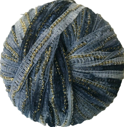 Blue yarn ball with gold accents on a white background