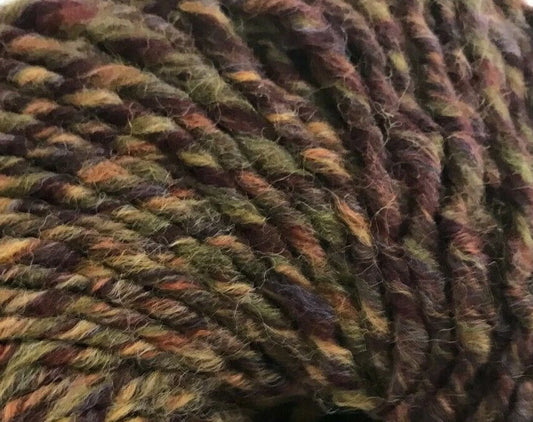 Close-up of a ball of multicolored yarn with earthy tones.