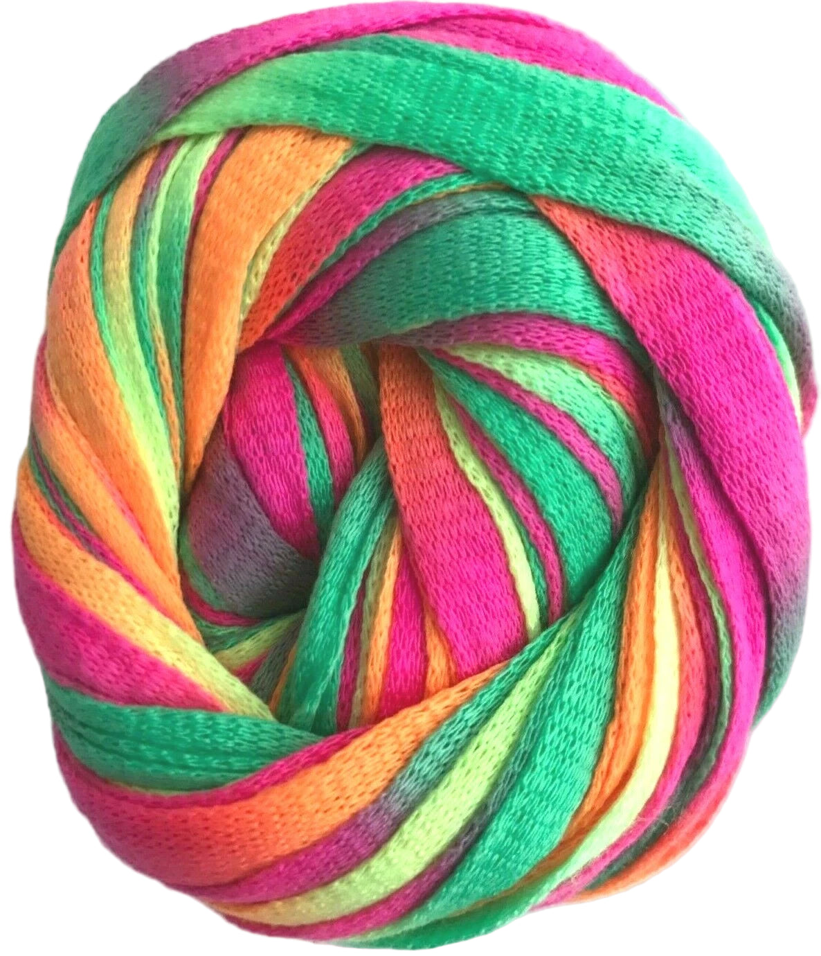 Colorful skein of yarn with a gradient of pink, green, orange, and yellow on a white background.