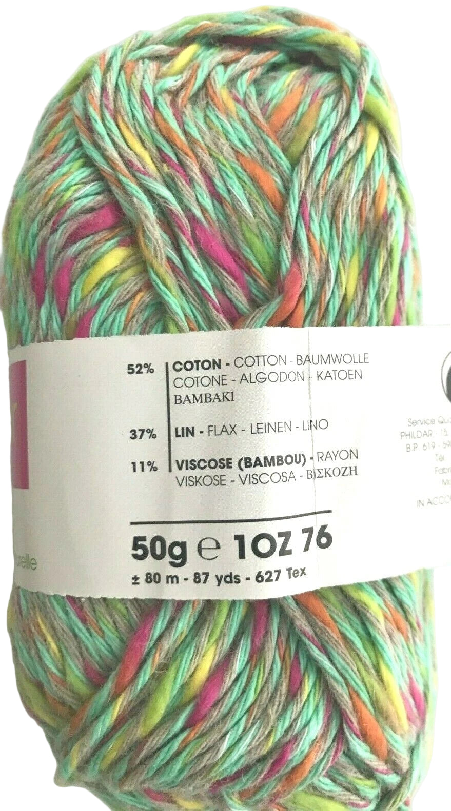 Multicolored skein of yarn with a label on a white background