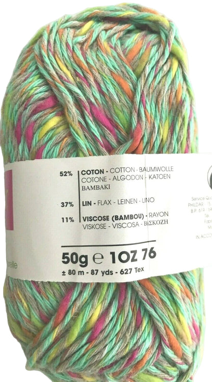 Multicolored skein of yarn with a label on a white background