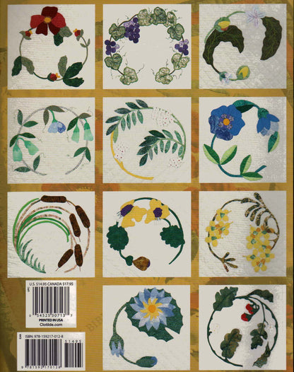 Grid of floral and leaf patterns on a textured surface