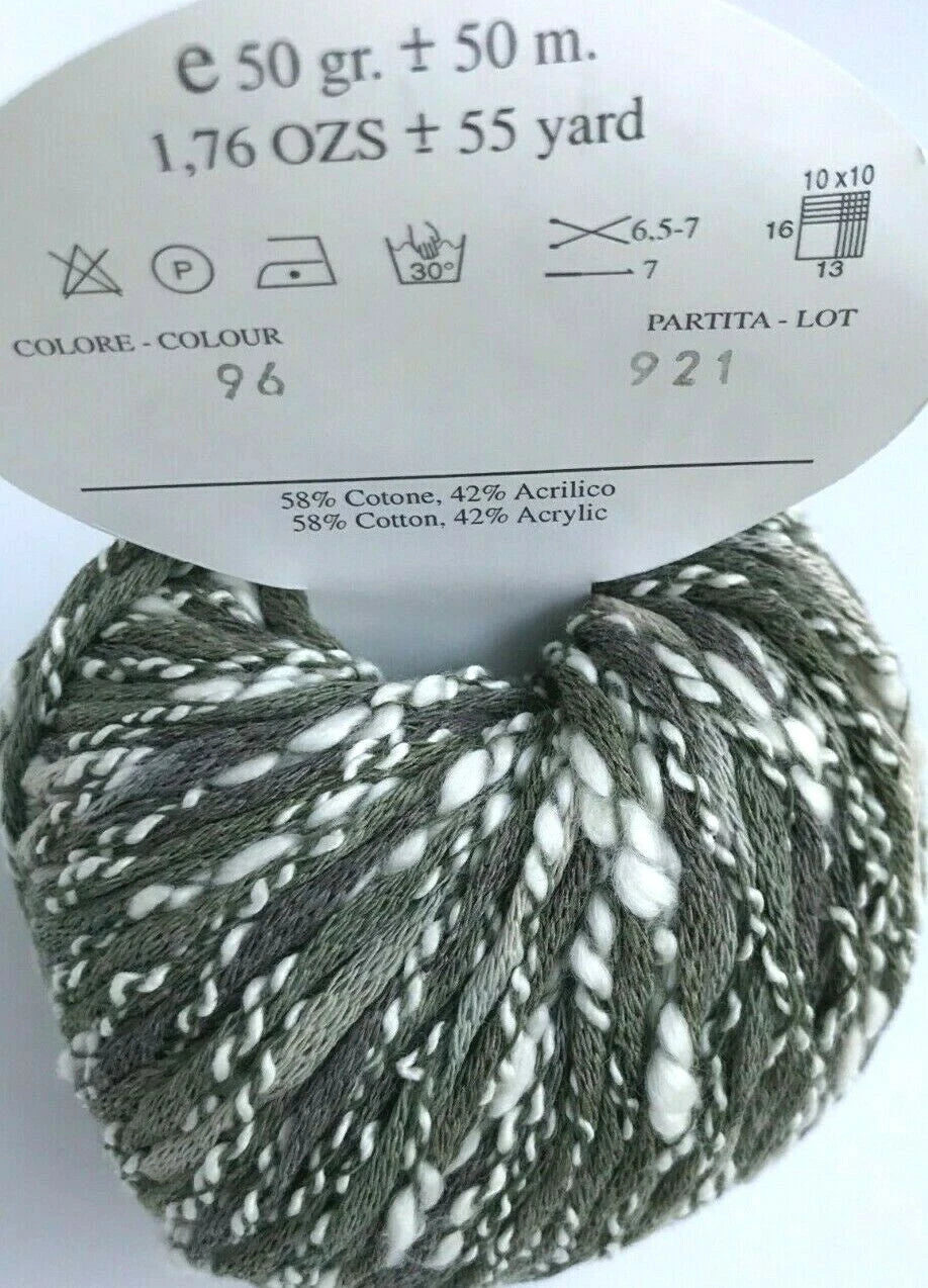 Yarn ball with label showing details like weight, length, and composition on a white background