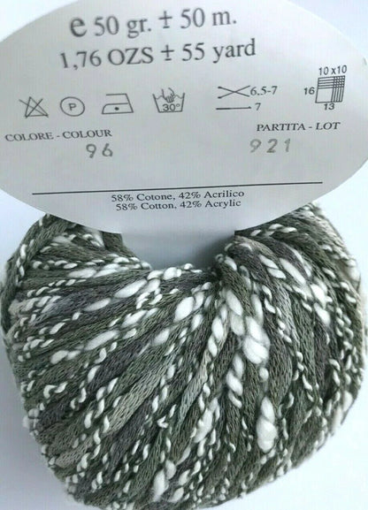 Yarn ball with label showing details like weight, length, and composition on a white background