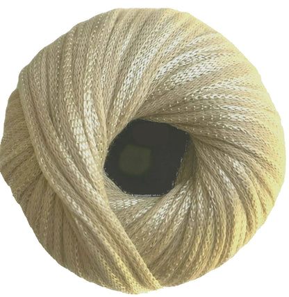 Ball of beige yarn on a white background