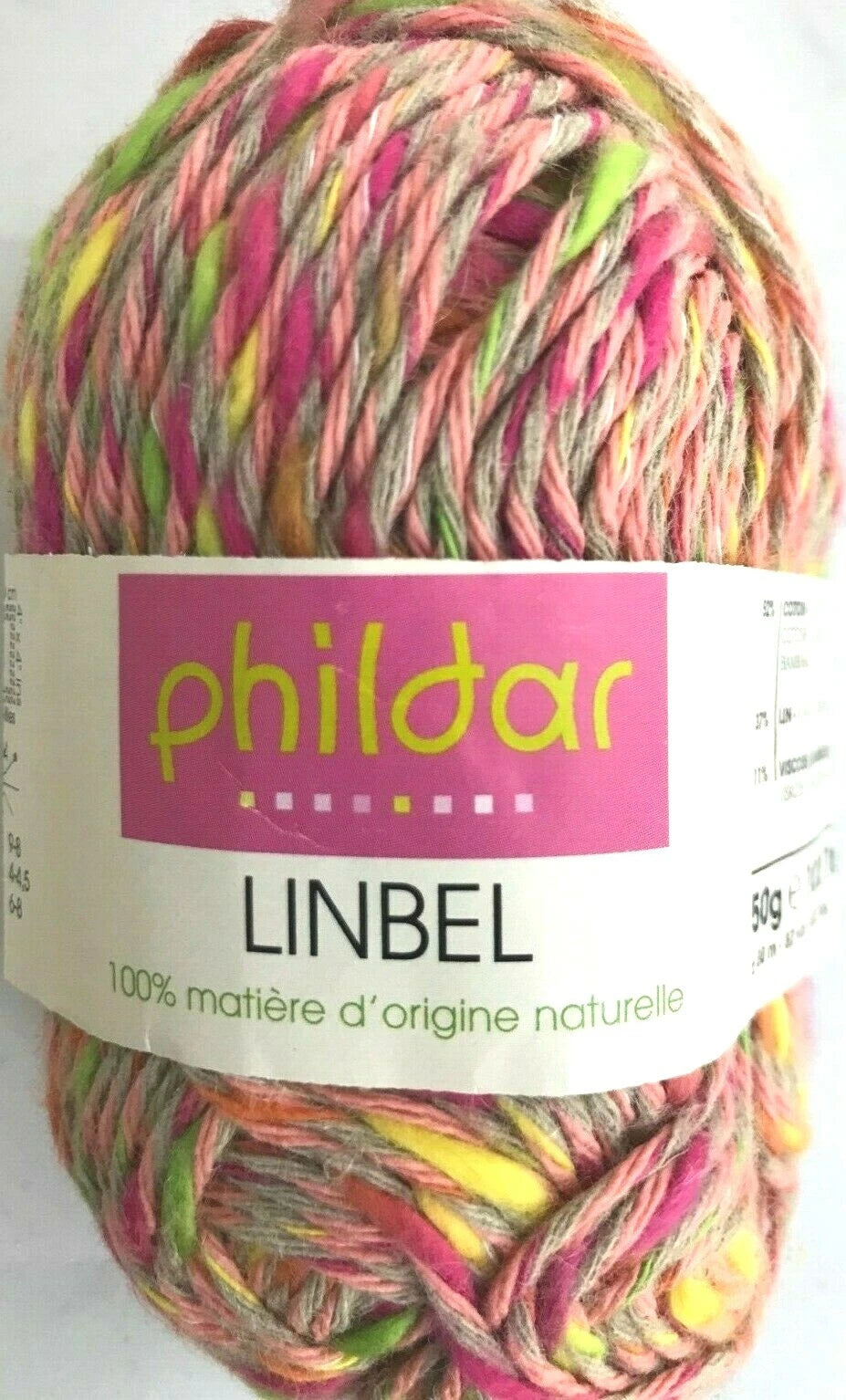 Multicolored yarn ball with a Phildar label on a white background