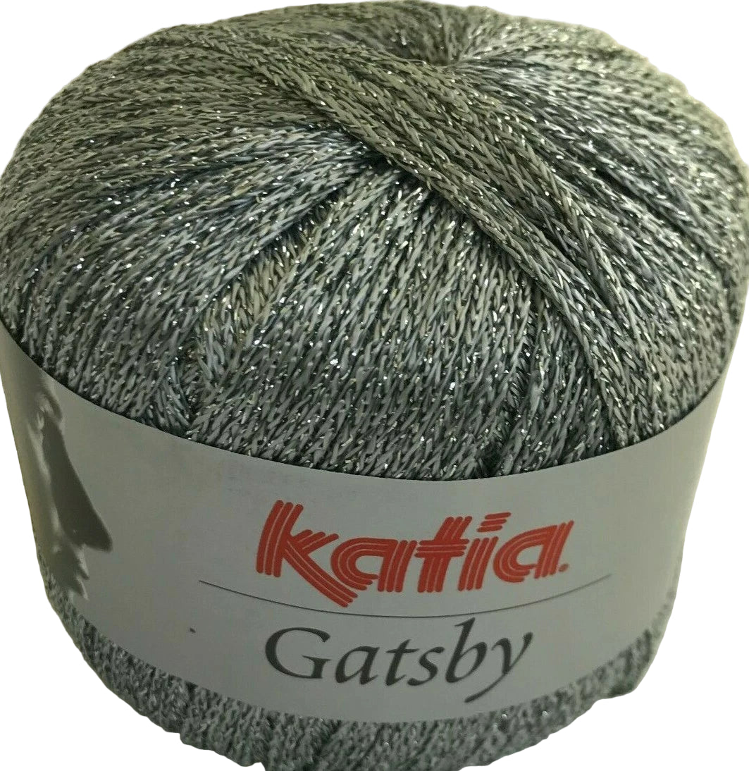 Ball of gray yarn with 'Katia Gatsby' label on a white background