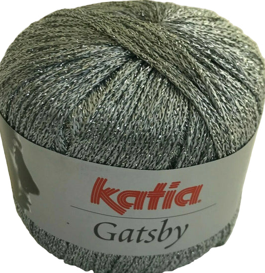 Ball of gray yarn with 'Katia Gatsby' label on a white background