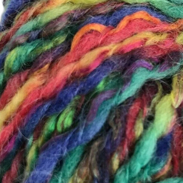 Close-up of multicolored yarn with vibrant shades.