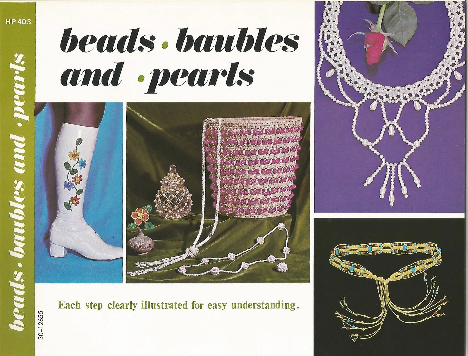 Brochure or book cover for 'Beads, Baubles and Pearls' with jewelry images and text.