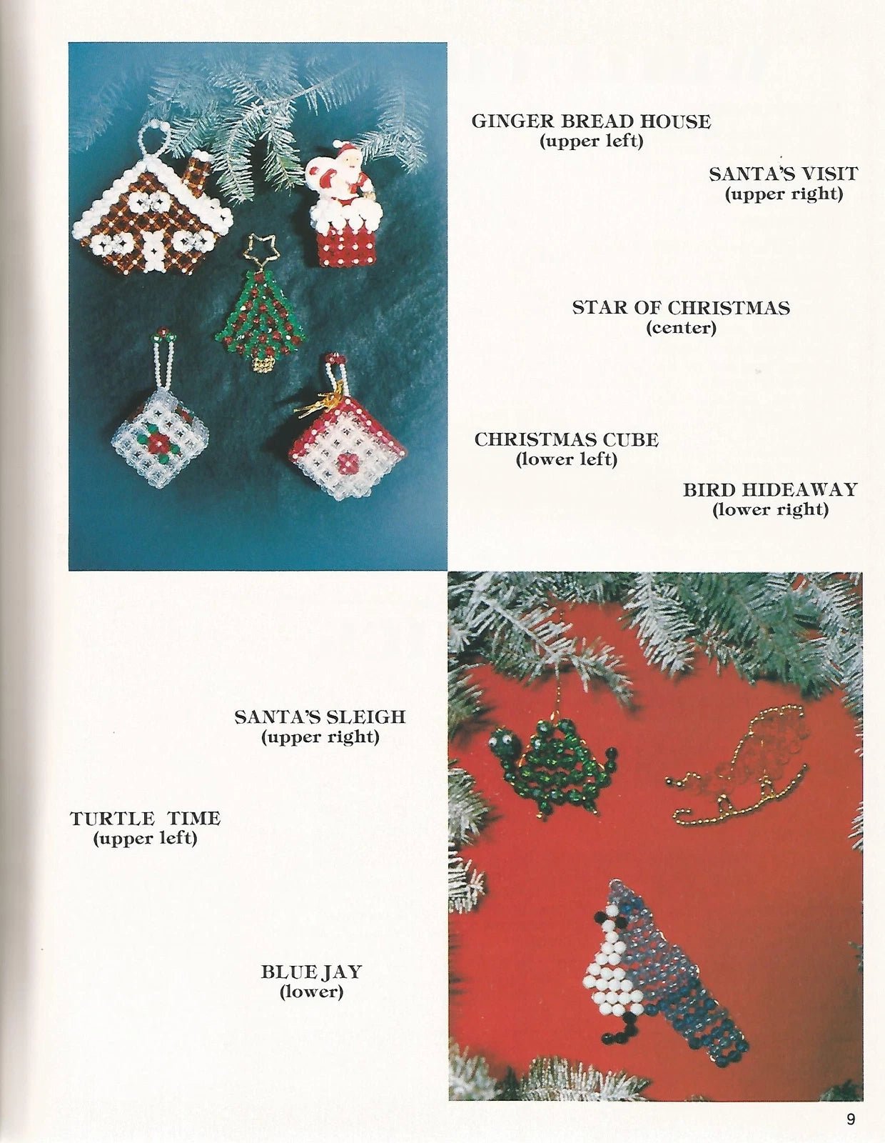 Collection of Christmas-themed beaded ornaments with labels on a white background.