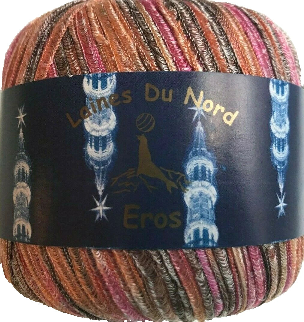 Multicolored yarn ball with 'Laines Du Nord Eros' label on a white background