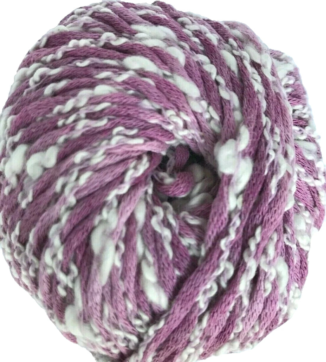 Ball of pink and white yarn on a white background