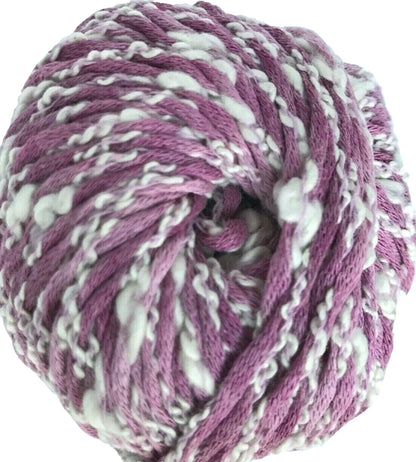 Ball of pink and white yarn on a white background