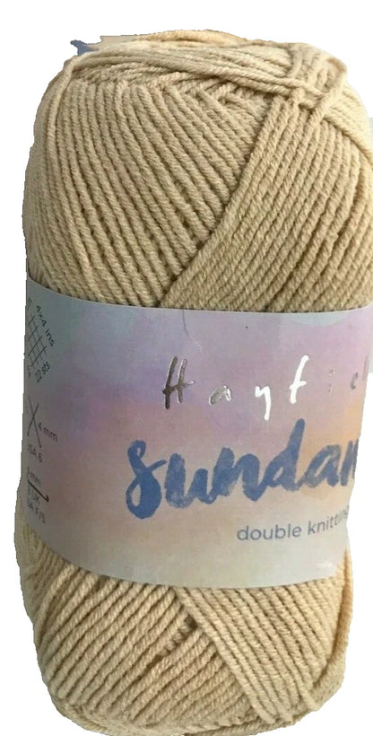 Ball of yarn with 'Hayfield Sundance' label on a white background